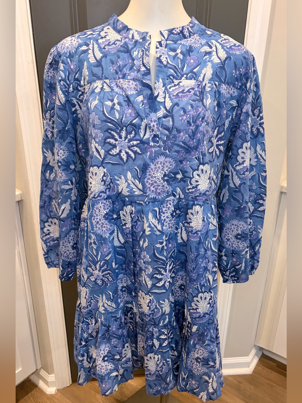 Madison Mathews Charleston Folly Mini Dress in a blue floral block print- Large